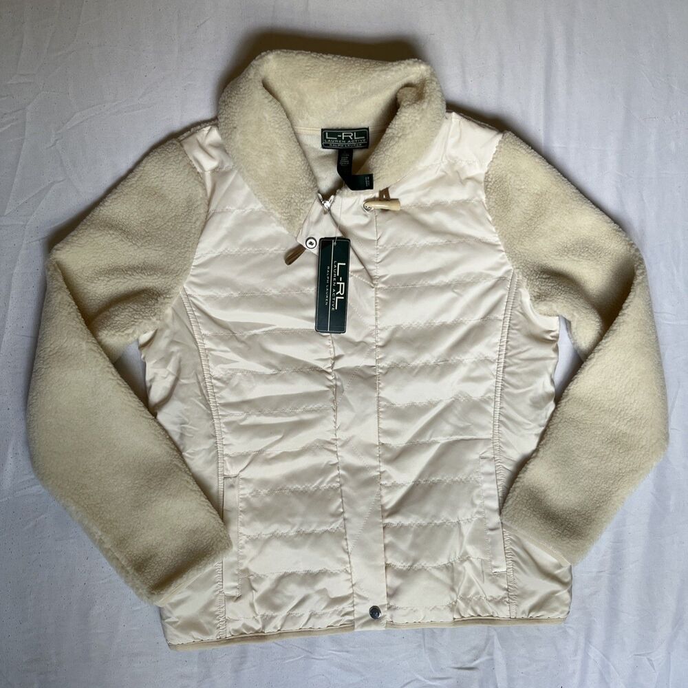 NWT Lauren Active Ralph Lauren Womens L Faux Fur Quilted Jacket Cream Zip Button